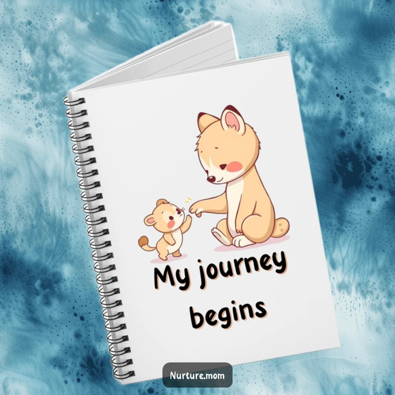 Funny notebook cover illustrates an animal's warm paw guiding a younger creature, a humorous and motivational tool for writing.