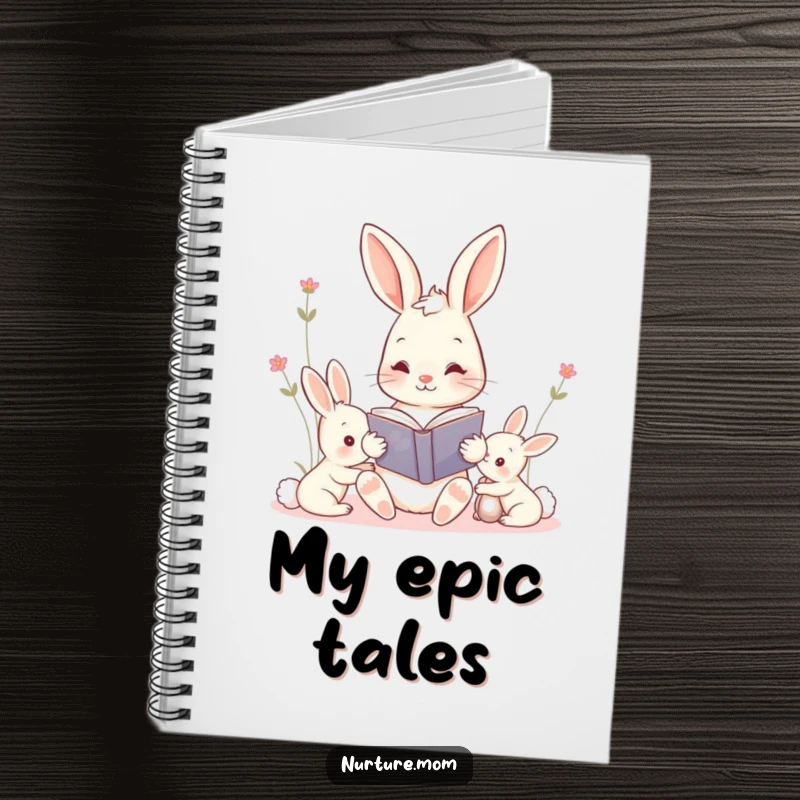Funny kawaii mama bunny reading a storybook to her kits notebook, perfect for journaling creative stories and thoughts.