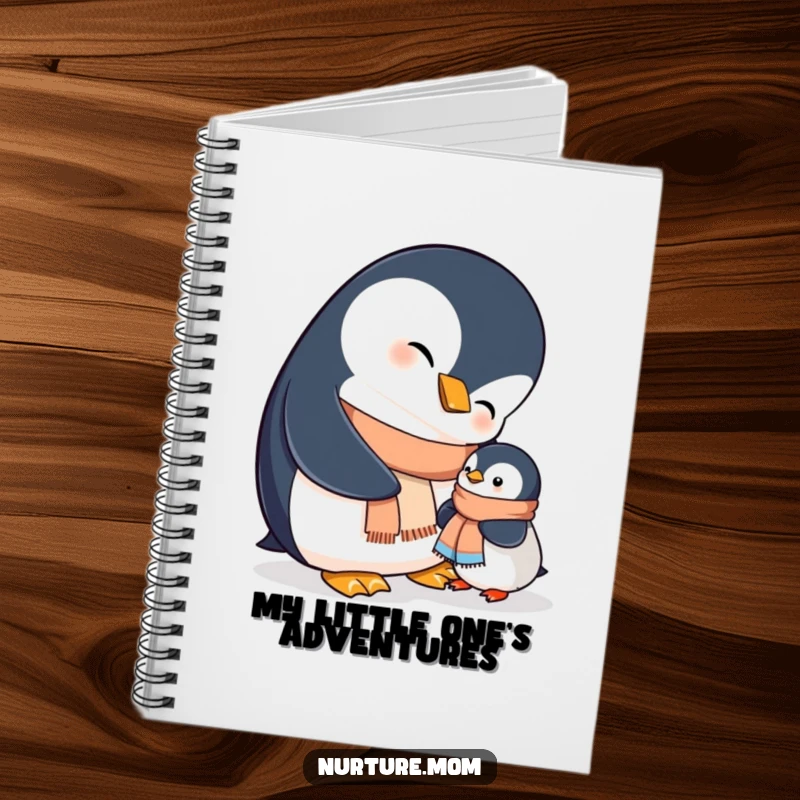 Funny mama penguin helps her chick adjust a tiny scarf, a sweet image for this notebook cover.