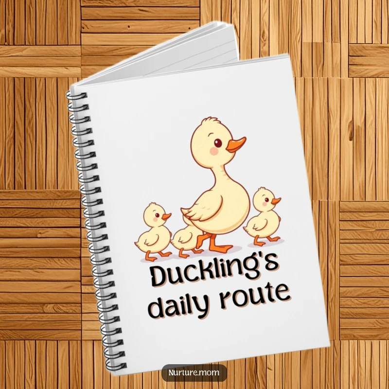 Funny notebook with a kawaii duck mom leading her ducklings in a neat line, perfect for journaling parenting tips.