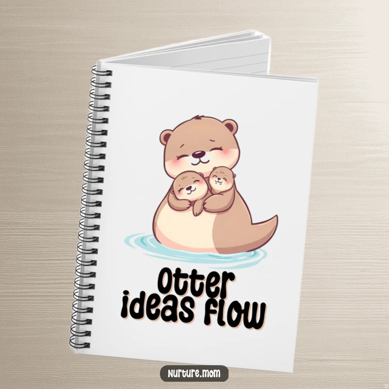 Funny otter mom notebook featuring a cute otter mother and baby floating, ideal for journaling.
