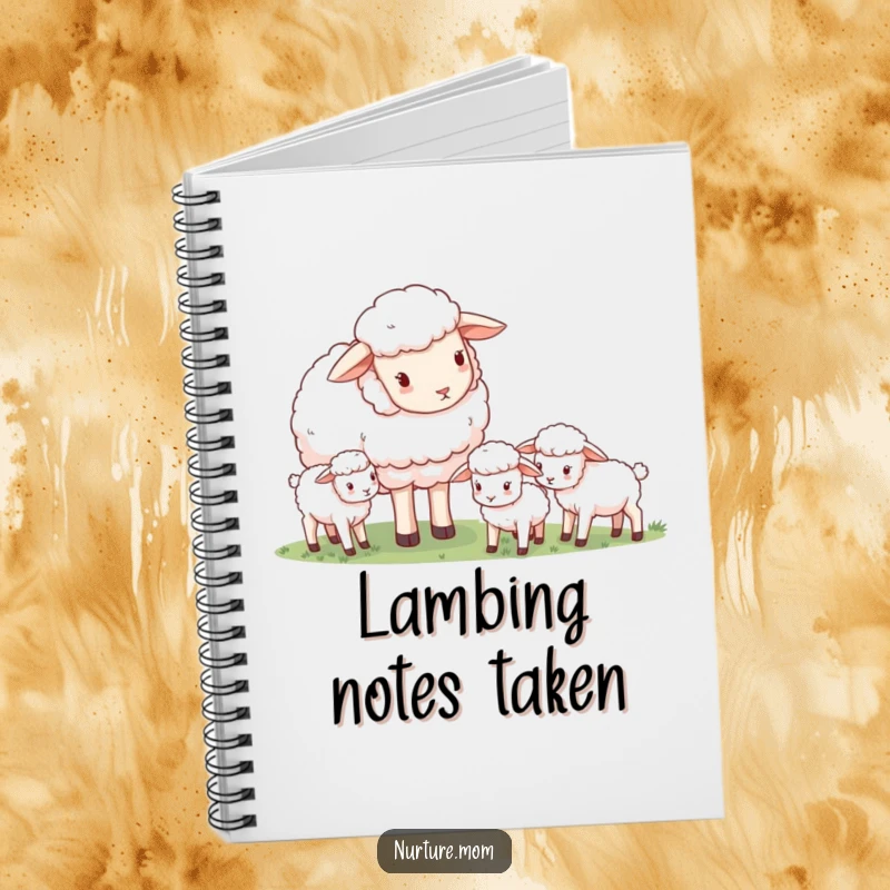 Funny gentle mother sheep watching baby lambs, cute notebook, for journaling or notes.