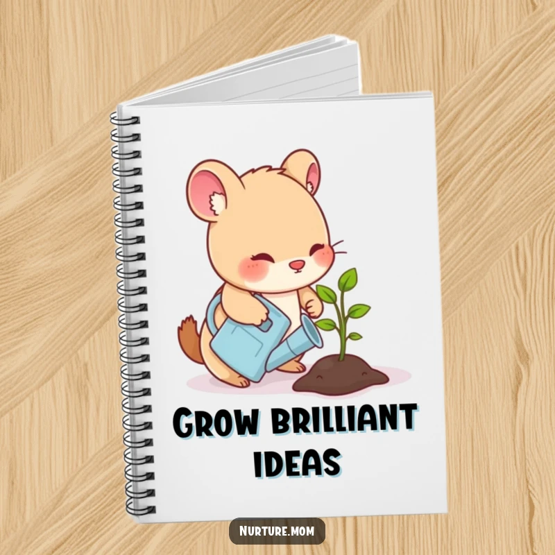 Funny notebook with a small animal gently watering a sprouting seedling with a watering can, great for garden notes.