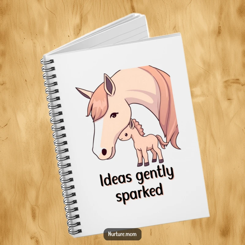 Notebook cover featuring a mother horse softly nudging her foal, representing gentle connection.