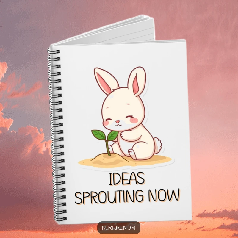 Funny notebook with a small bunny character gently patting a tiny sprout, a humorous cover for journaling and note-taking.