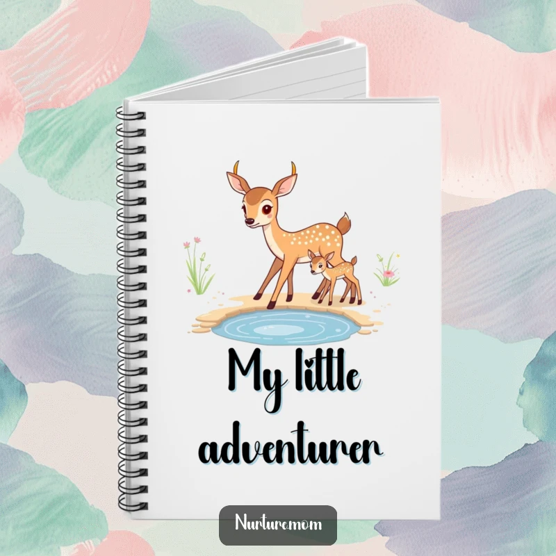 Funny kawaii mother deer and fawn on a notebook cover, ideal for journaling and note-taking.
