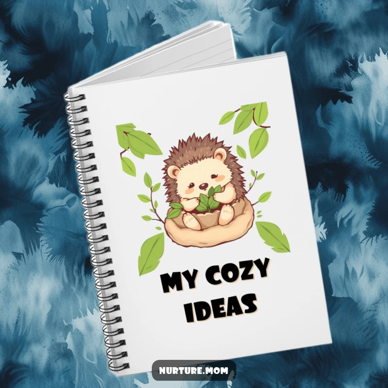 Funny! Notebook cover featuring a gentle hedgehog mom character creating a cozy nest of leaves with a loving expression, ideal for notes.