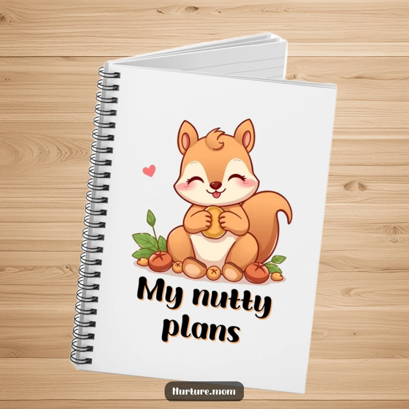 Funny! Notebook cover featuring a kawaii squirrel mom character gathering nuts with a loving expression, ideal for notes and cute inspiration.