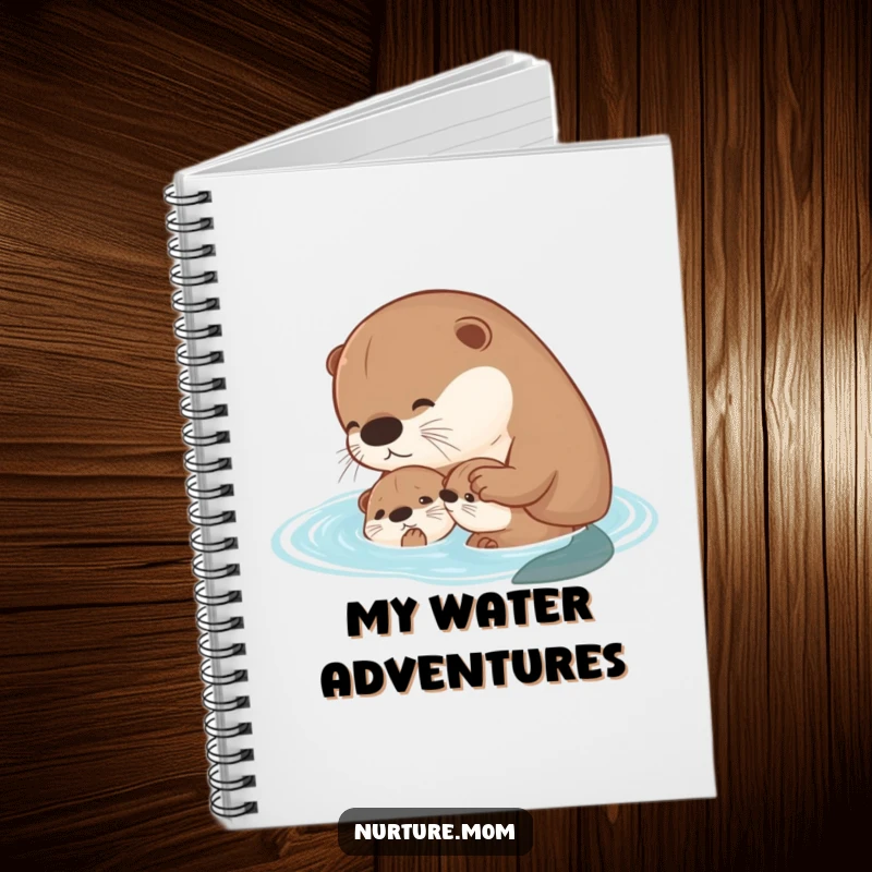 Funny kawaii mother otter teaching her pup to swim on a notebook cover for notes.