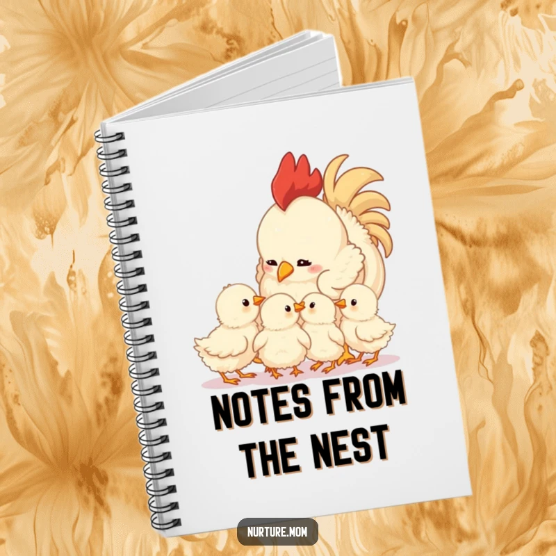 Funny mother hen notebook featuring a hen looking fondly at her fluffy chicks, a cute and humorous journal for all your notes.