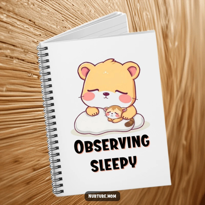 Funny notebook cover featuring a large animal watching over a tiny sleeping creature.