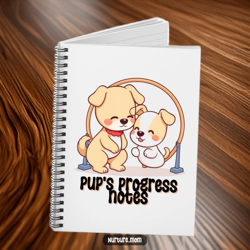 Funny notebook with a kawaii dog mom patiently guiding a puppy through a hoop, perfect for dog training notes.