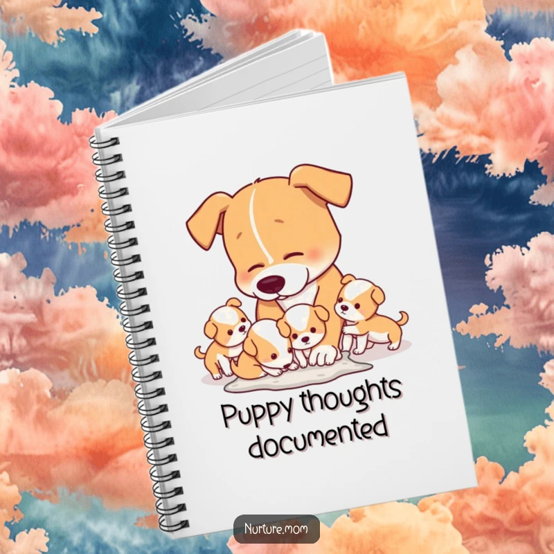 Funny Notebook cover art illustrating a mom dog humorously cleaning up the playful messes of her cute puppies.