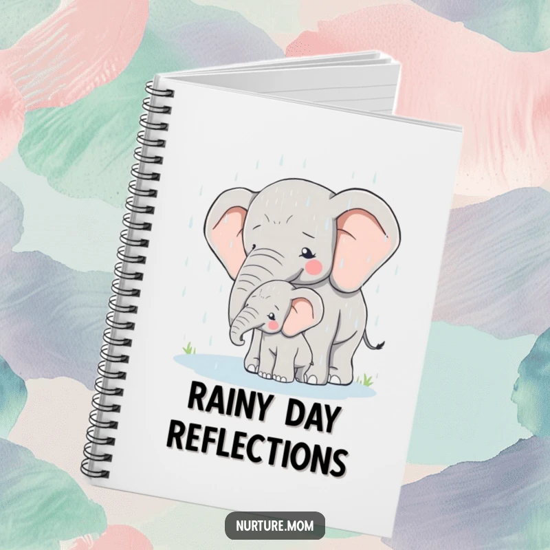 Notebook cover featuring a mother elephant protectively shielding her calf from the rain, symbolizing care.