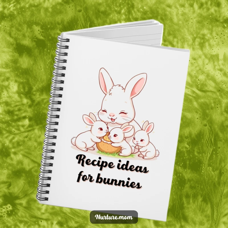 Funny nurturing mother rabbit feeding baby bunnies, cute notebook, for journaling or notes.