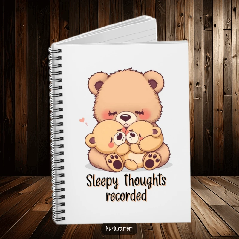 Funny fuzzy bear mother rocking a crying baby bear, cute notebook, for journaling or notes.