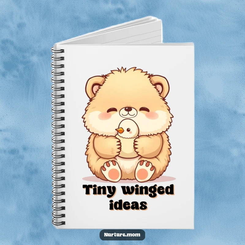 Funny notebook cover features a fluffy animal with its paws carefully holding a baby bird, a heartwarming and humorous writing companion.