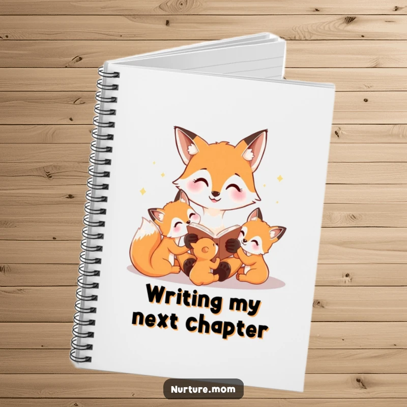 Funny notebook featuring a happy fox mom reading a bedtime story to her cubs, ideal for writing stories and creative ideas.