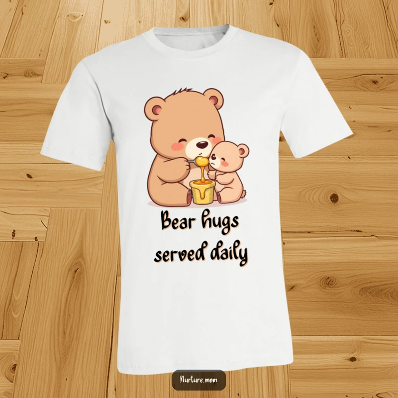 Funny Mama Bear T-Shirt: Cute mother bear gently feeding honey to her cub with a spoon, highlighting sweet parenting.