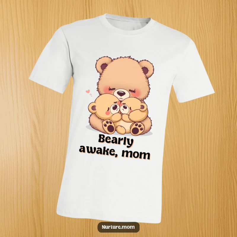 Funny fuzzy bear mother rocking a crying baby bear, gentle parenting scene, soft and sweet t-shirt gift.