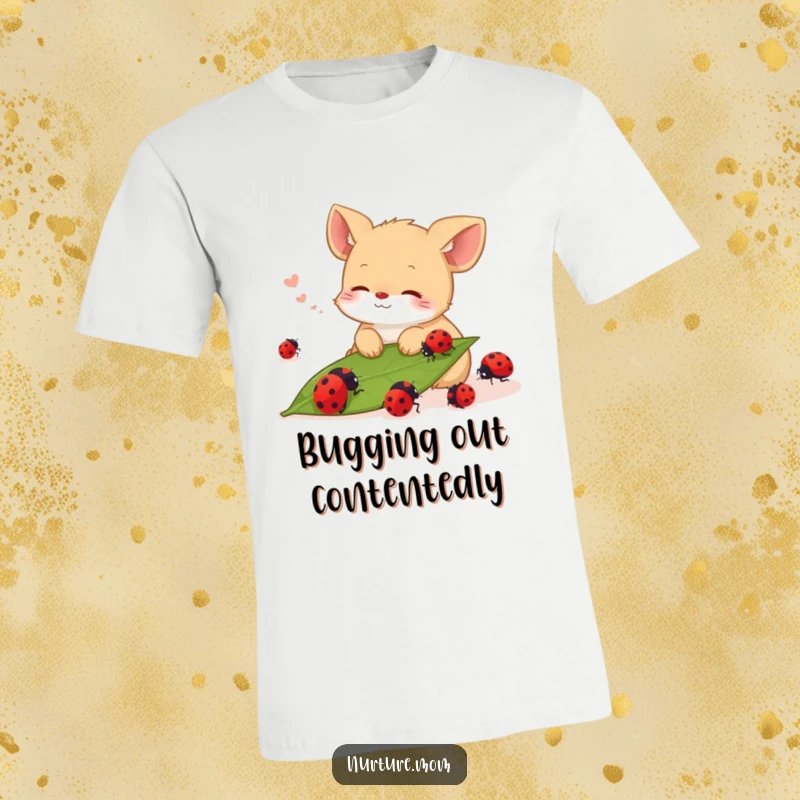Funny t-shirt with a small animal sighing contentedly while observing ladybugs crawling on a leaf, perfect for nature observers.