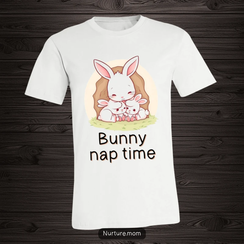 Funny Mother Rabbit T-Shirt: Cute mother rabbit tucking her little ones into a cozy burrow, emphasizing family comfort.