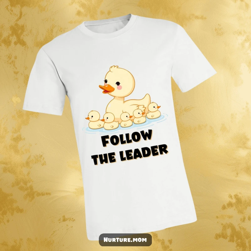 Funny kawaii mama duck swimming with her ducklings in a perfect row on a comfy t-shirt.