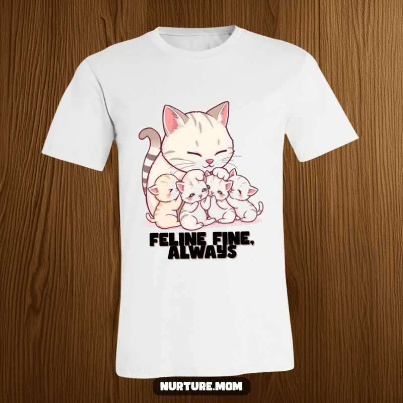 Funny Mother Cat T-Shirt: Cute mother cat grooming her playful kittens, celebrating feline family love.