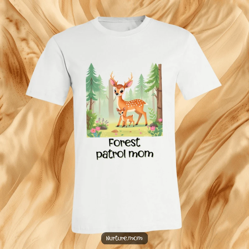 Funny deer mom t-shirt with a sweet illustration of a doe leading her fawn through a beautiful, detailed forest.