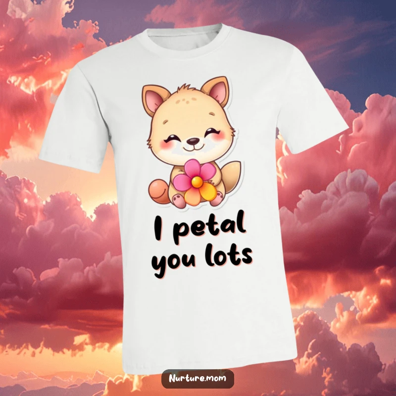 Funny animal t-shirt featuring a cute creature with a loving gaze, presenting a vibrant flower, showcasing a humorous and affectionate design.