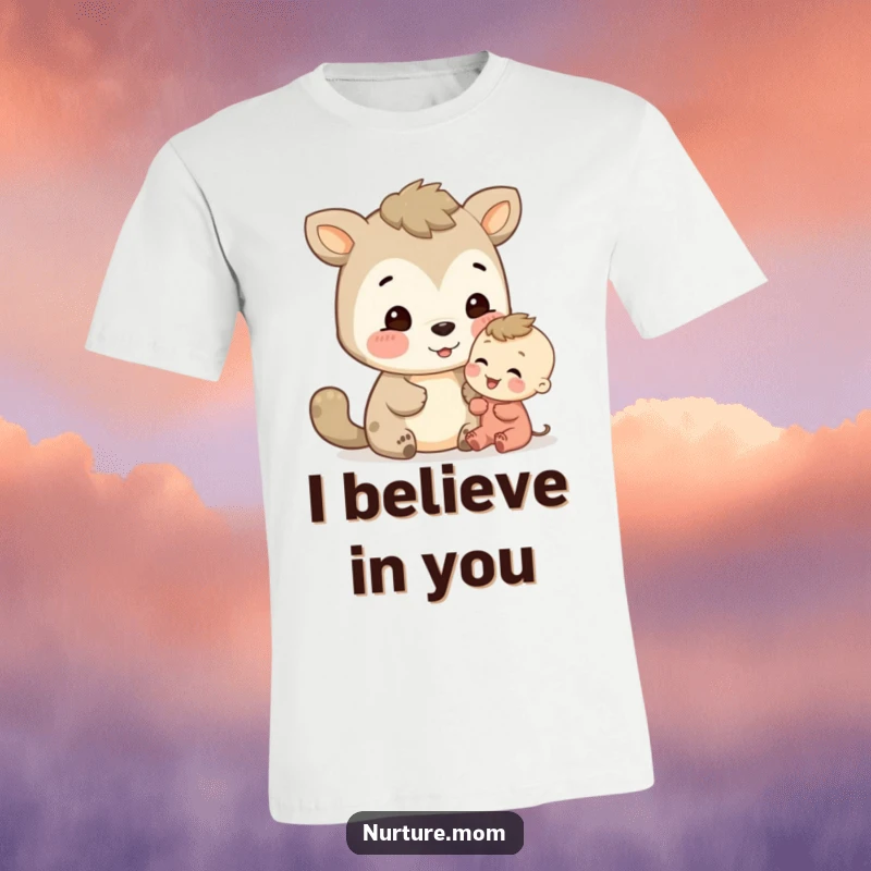 Funny animal shares a kind, encouraging gaze with a little one, symbolizing friendship on a t-shirt.