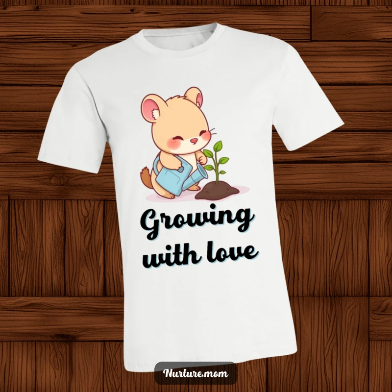 Funny t-shirt showing a small animal gently watering a sprouting seedling with a watering can, perfect for plant lovers.