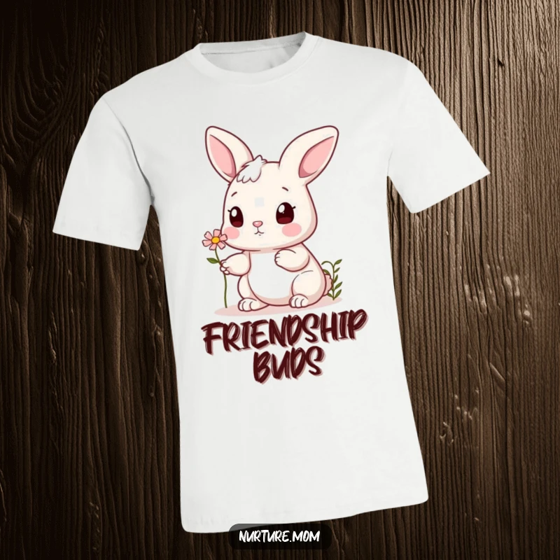 Funny bunny t-shirt featuring a cute rabbit offering a tiny flower to a friend, perfect for expressing friendship and kindness.