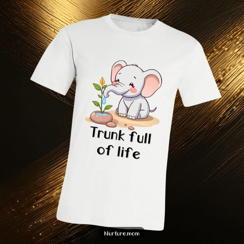 Funny t-shirt featuring a happy elephant character using its trunk to water a plant, a humorous and heartwarming depiction of nature's care.