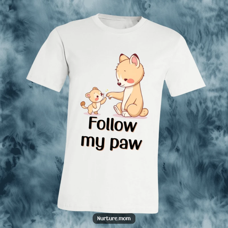 Funny t-shirt illustrates an animal's paw warmly guiding a smaller, lost young animal, conveying a message of support and gentle leadership.