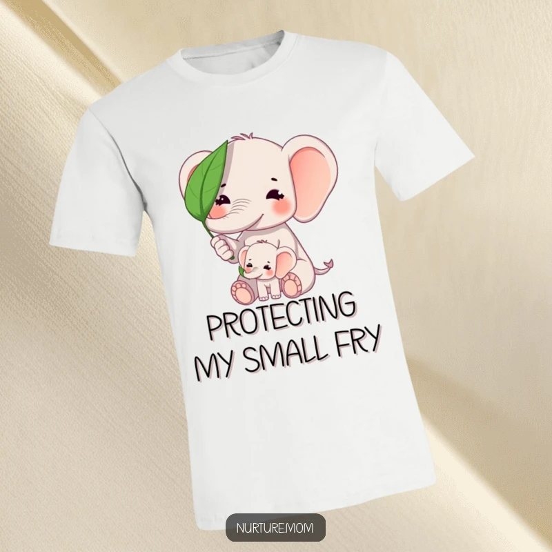 Funny kawaii elephant mom protecting baby elephant from sun with a leaf on a soft cotton t-shirt.