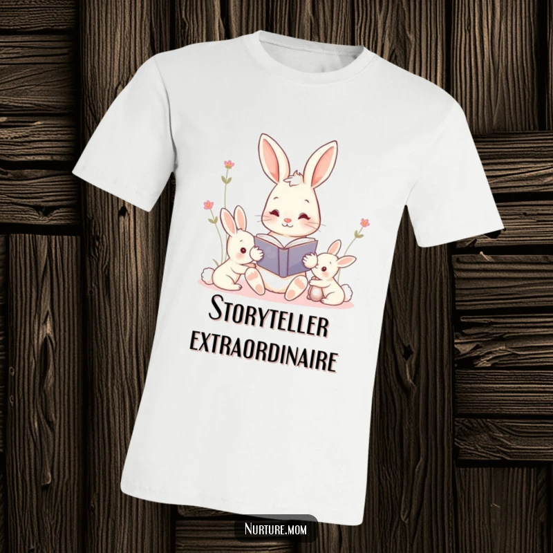 Funny kawaii mama bunny reading a storybook to her kits t-shirt, depicting a tender family moment, perfect for mothers.