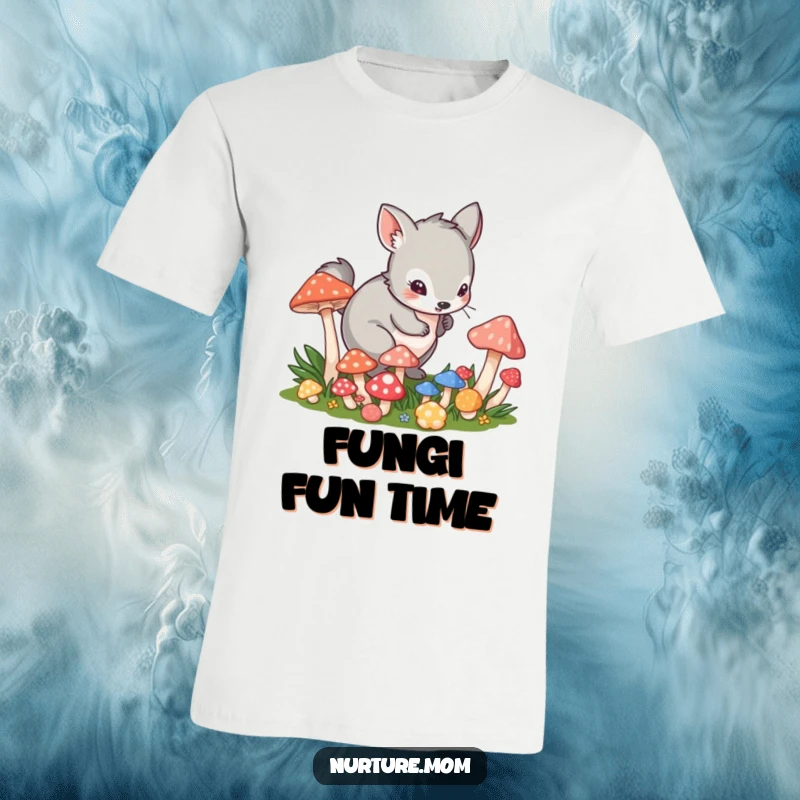 Funny t-shirt with a small animal in a playful crouch tending to vibrant mushrooms, perfect for fantasy and nature lovers.