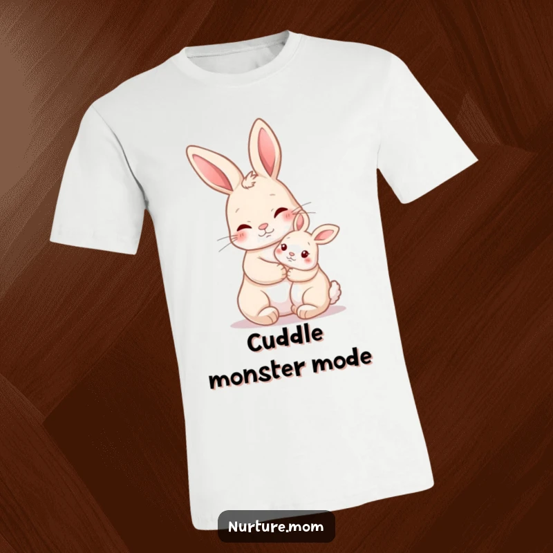 Funny Nurturing Rabbit T-Shirt depicting a mother rabbit holding a baby bunny close, representing love and humorous connection.