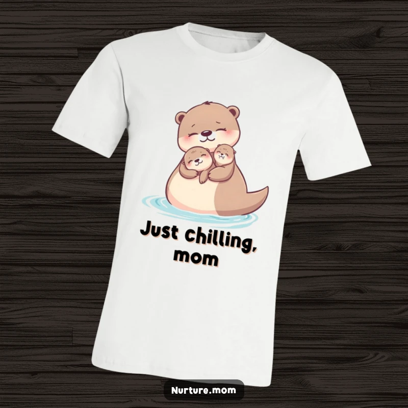 Funny otter mom t-shirt featuring a cute illustration of an otter mom and baby floating playfully.