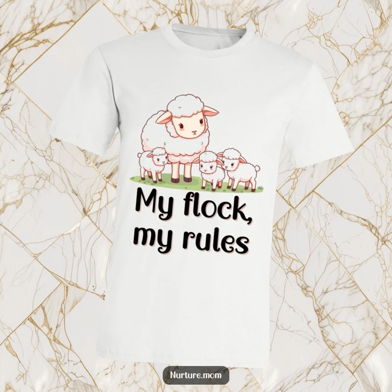 Funny gentle mother sheep watching grazing baby lambs, cute animal motherhood, soft t-shirt gift.