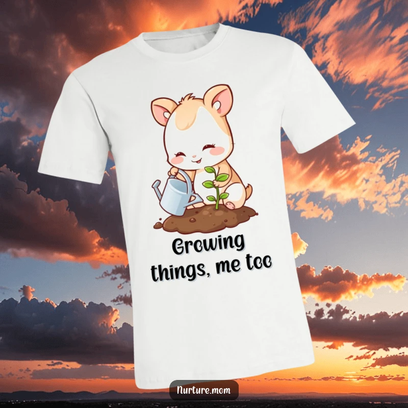 Funny T-shirt with a small, smiling animal gently watering a new sprout, perfect for garden lovers.