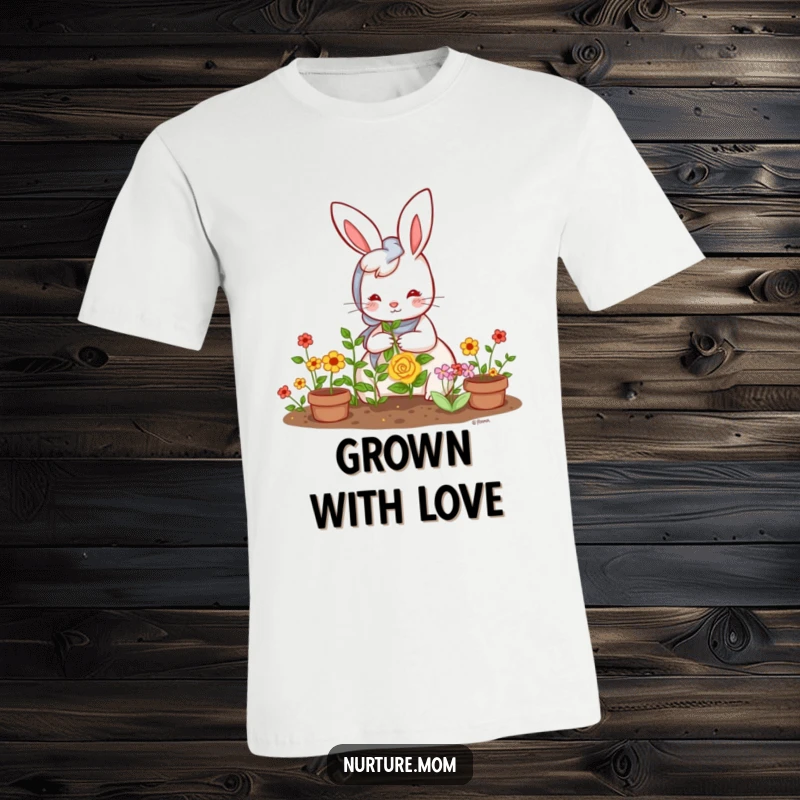 Funny Kawaii Rabbit Mom T-Shirt: Adorable bunny mom joyfully tending a lush garden, a humorous and charming design.