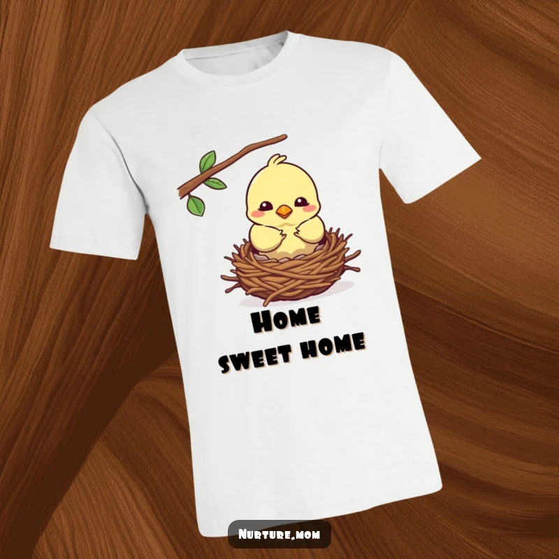 Funny kawaii mother bird building a cozy nest on a comfortable T-shirt.