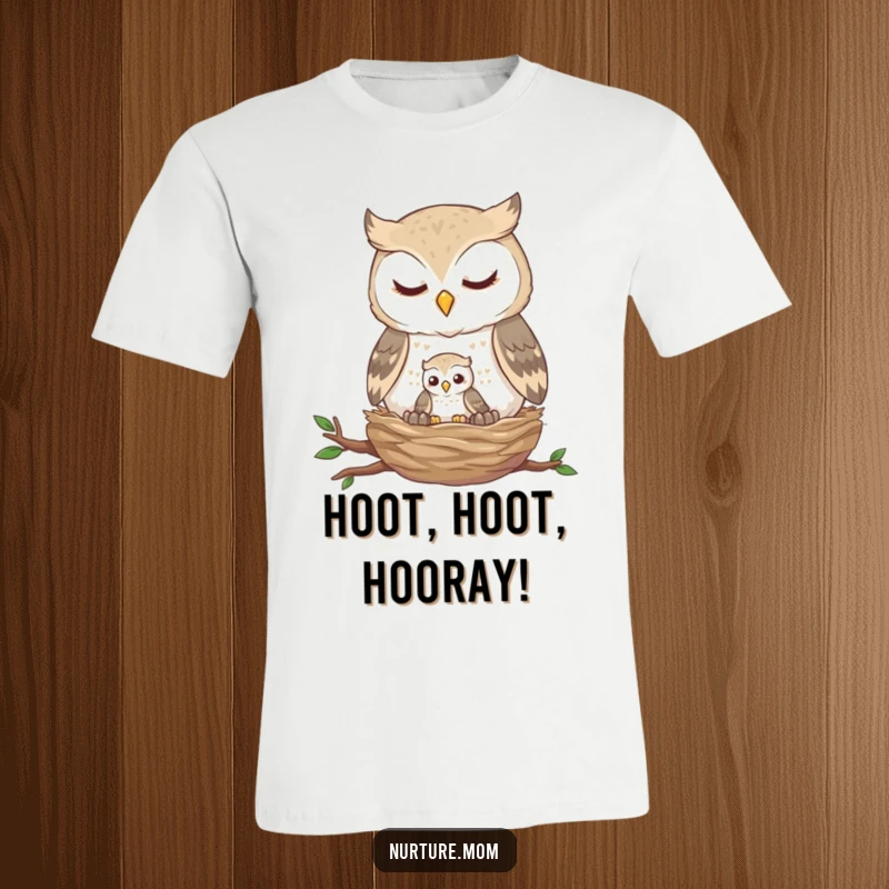 Funny owl feeding t-shirt depicting a gentle parent owl feeding a tiny fledgling in its nest, symbolizing care and love.