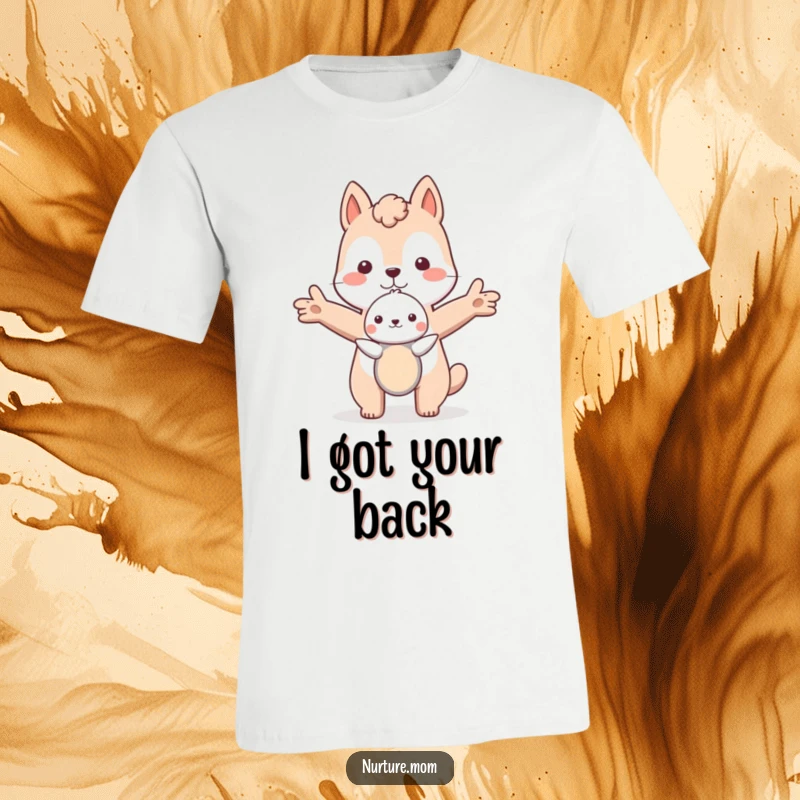 Funny animal spreads arms protectively around a small creature, symbolizing safety and humor on a t-shirt.