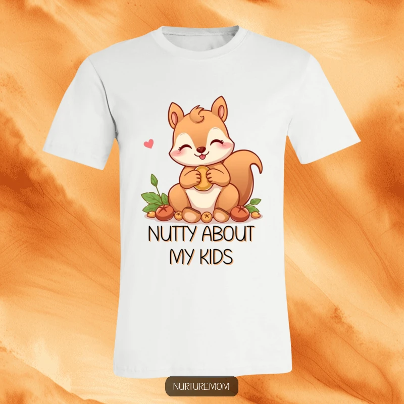 Funny! T-shirt graphic of a kawaii squirrel mom character lovingly gathering nuts, embodying adorable cuteness and humorous hoarding.