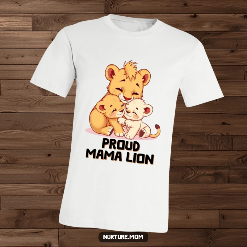 Funny! T-shirt graphic of a nurturing lioness cub grooming her playful offspring, showcasing maternal love and playful family dynamics.