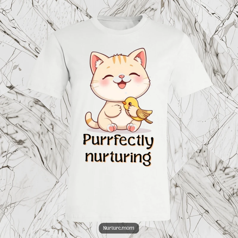 Funny t-shirt featuring a smiling cat character happily feeding a baby bird, a humorous and heartwarming depiction of kindness and friendship.