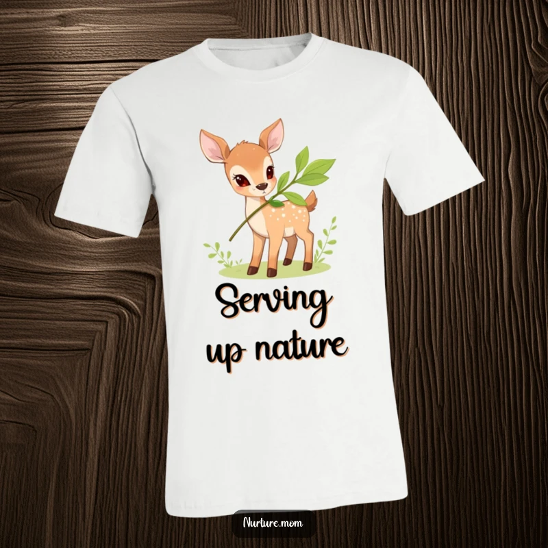 Funny Deer T-Shirt depicting a small deer offering a leafy branch, embodying natural giving and humorous tranquility.